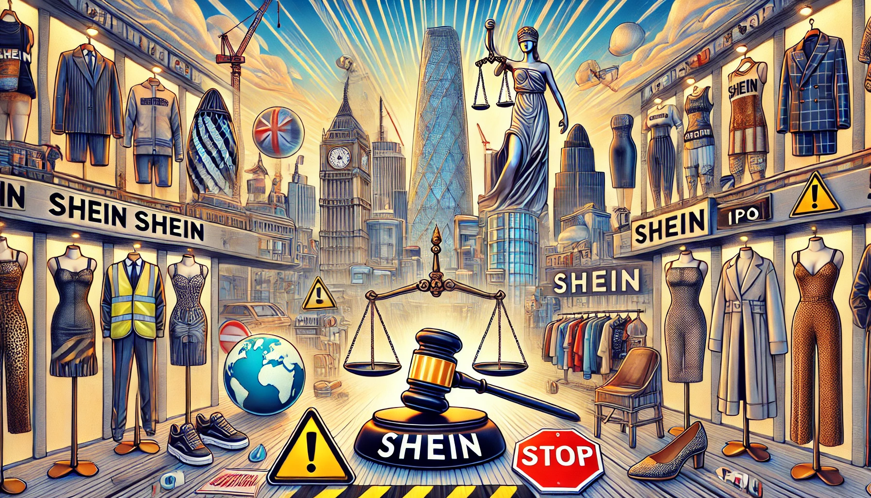 An illustration of Shein's logo with fashionable clothing items, legal symbols, and the London skyline in the background.