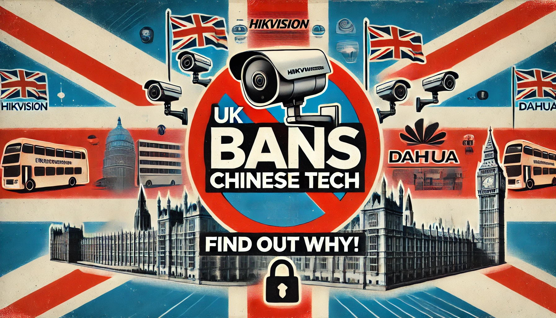 Illustration showing a 'ban' symbol over a surveillance camera with logos of Hikvision and Dahua, set against a UK flag and government buildings background. The text reads 'UK BANS CHINESE TECH' in bold, with 'Find Out Why!' below it. A padlock icon is included to emphasize security concerns.