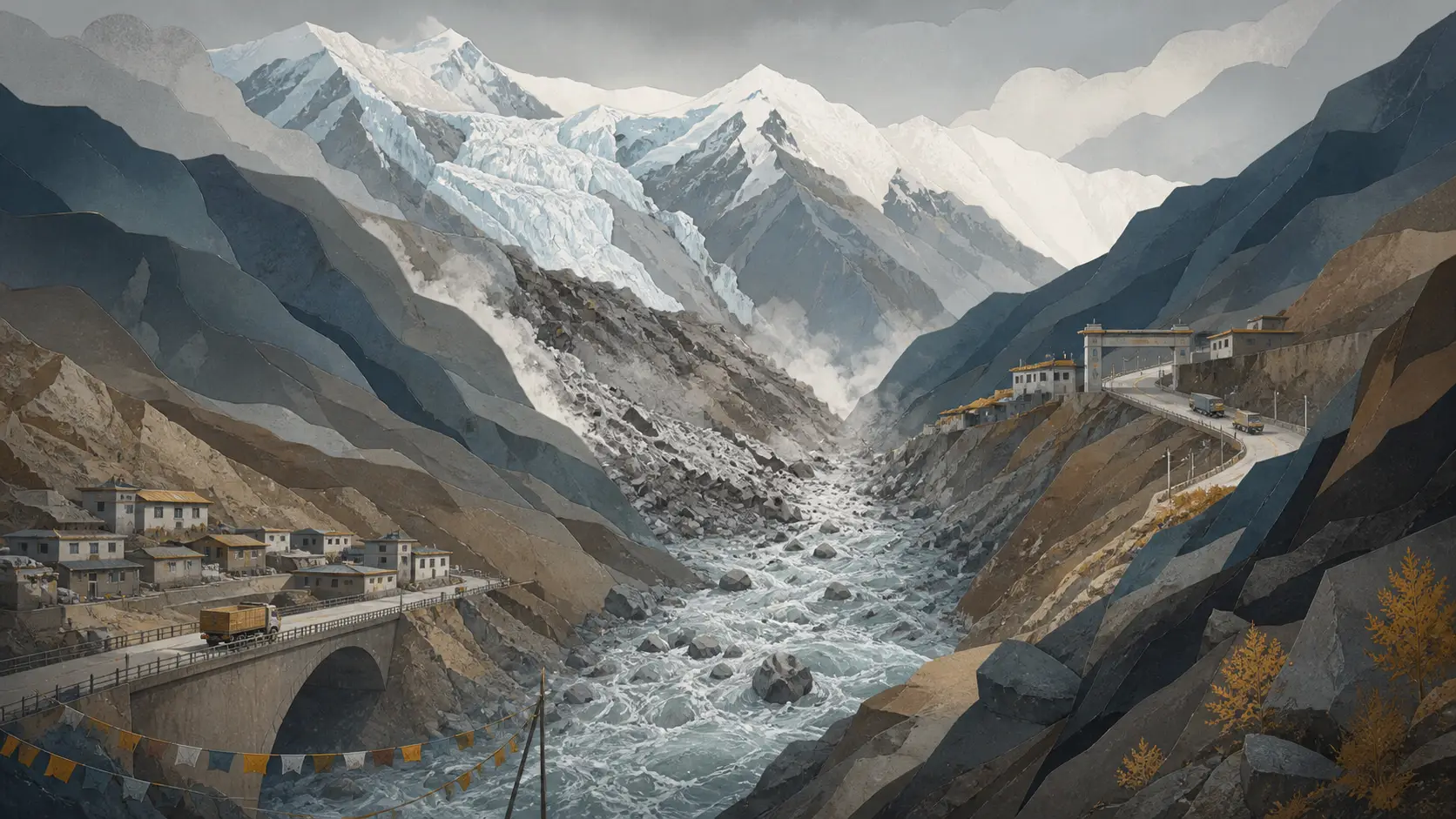 Editorial illustration of a Himalayan debris flow crossing a mountain trade corridor with a damaged bridge and road