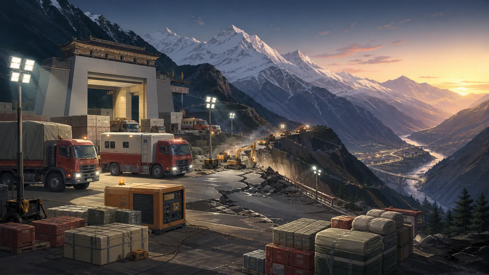 Editorial illustration of emergency generators, rescue supplies and a mountain road leading to a damaged border port