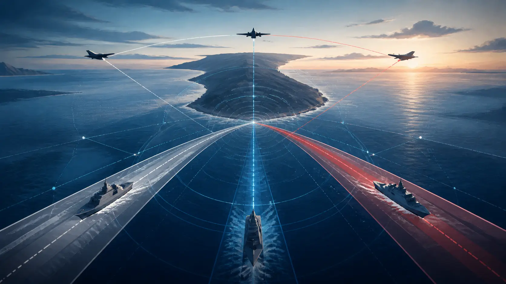 Editorial illustration of three maritime and aviation pathways converging over open water near the Korean Peninsula