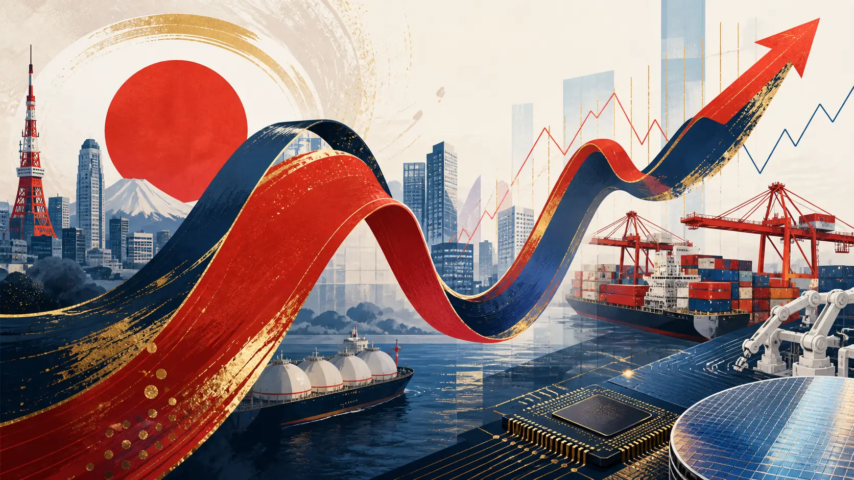 Editorial illustration of Japanese port cranes and export containers connected to a rising and falling exchange-rate line