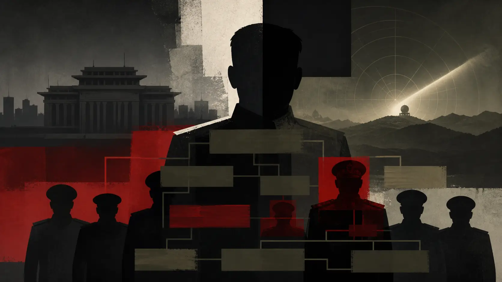 Editorial illustration of an opaque military organization chart and radar glow behind a government building silhouette