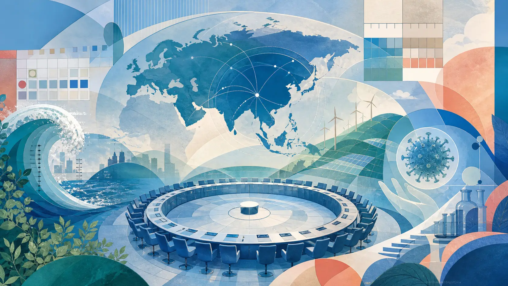 Editorial illustration of a UN-style chamber with Asia-centered map arcs, sea-level waves and a calendar of diplomatic meetings